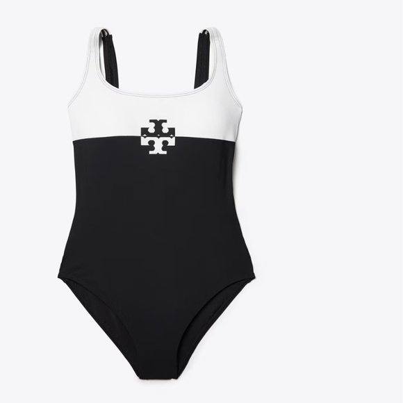 NWT TORY BURCH COLOR BLOCKED LOGO TAN SWIM SUIT 1 PIECE SWIMWEAR BLACK WHITE XS - Picture 2 of 8